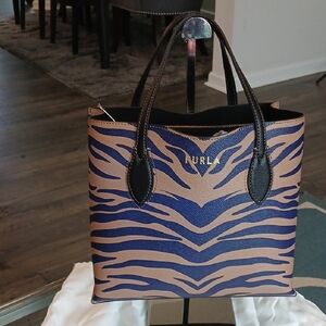 Furla NWOT Blue and Tan Zebra-Print Tote